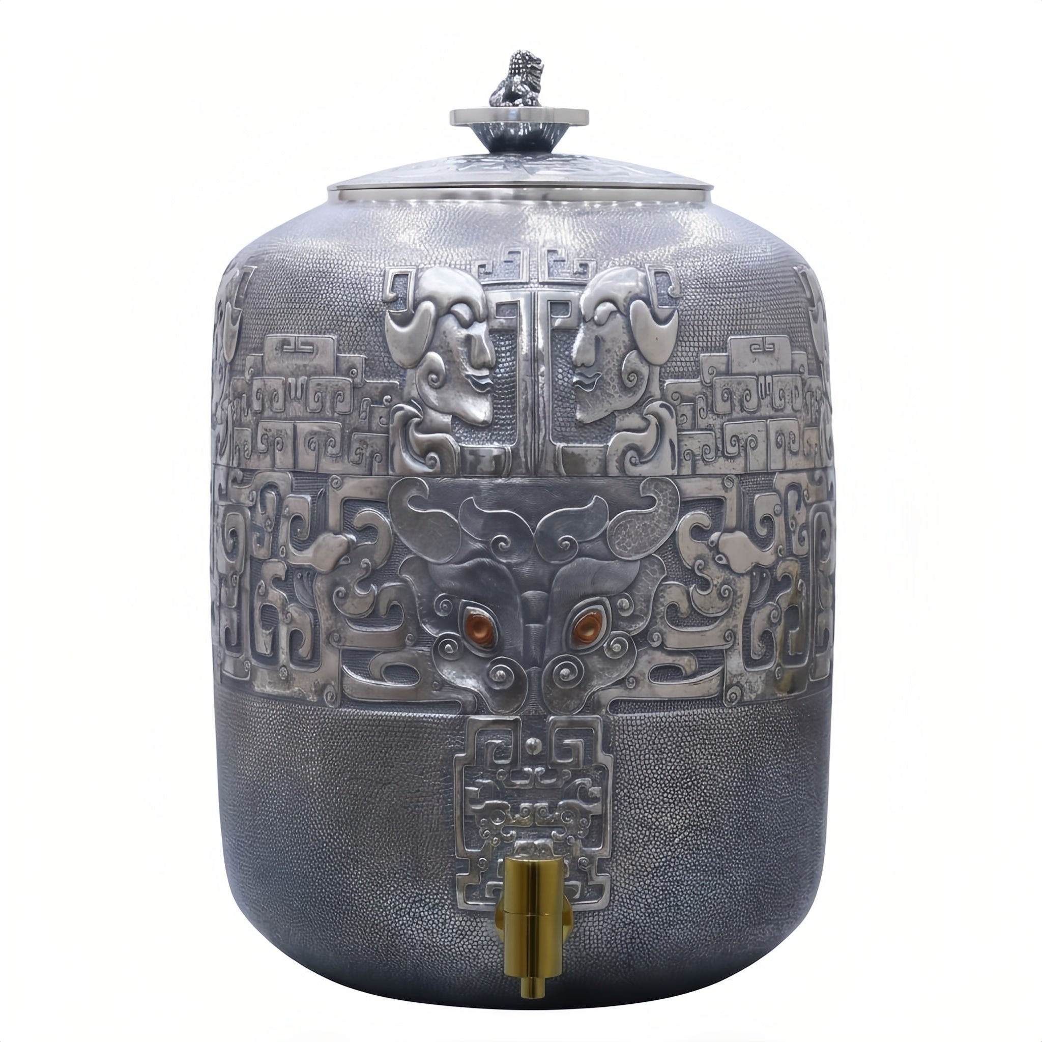 Pure 999 Fine Silver Exquisite Ornate Silver-Tone Beverage Dispenser with Mythical Embossed Patterns and Lion Finial Lid - Handicraft