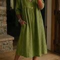 Casual Loose V-Neck Lace Trim Linen Cotton Dress