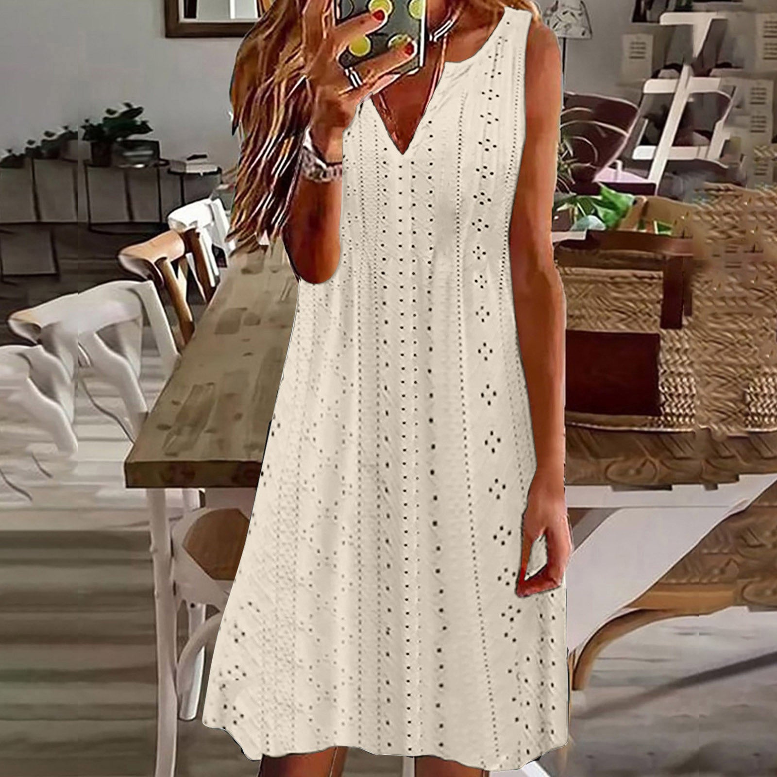 Womens Hollow-Out Jacquard V-Neck Loose Solid-Colored Dress