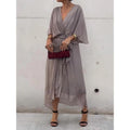 Solid Color Tie Waist Batwing Sleeve Irregular Plus Size Maxi Dress