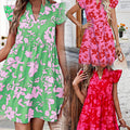 Lotus-Leaf Sleeve Loose V-Neck Printed Floral Dress