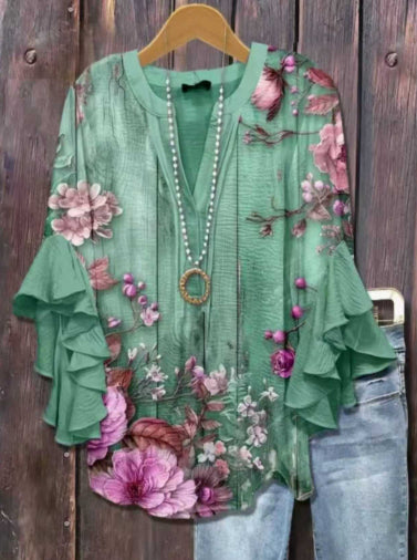 Digital Printing Casual Trend V-necked Floral Edge Blouse