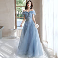 Off-shoulder Blue Evening Gown Womens Elegant French-style For Banquets