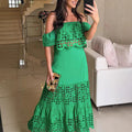 Womens Fashionable Elegant Lace Hollow-Out Off-Shoulder Dress