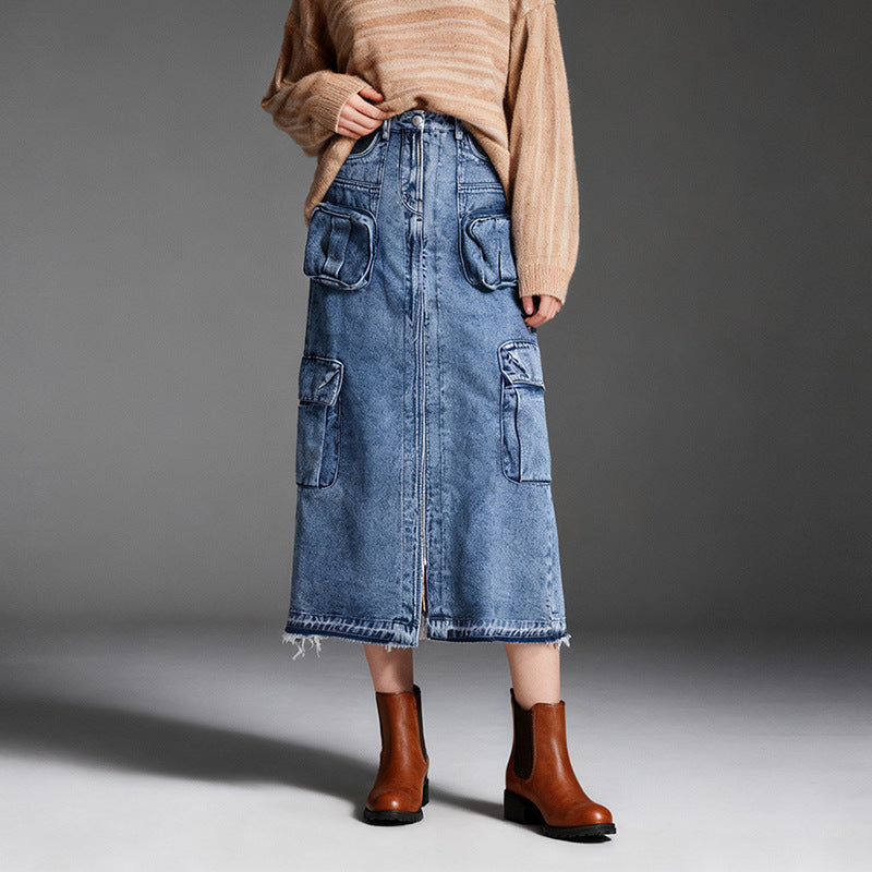 Personalized Trendy Skirt Womens High-Waisted Long Patchwork Denim Skirt With Multiple Pockets