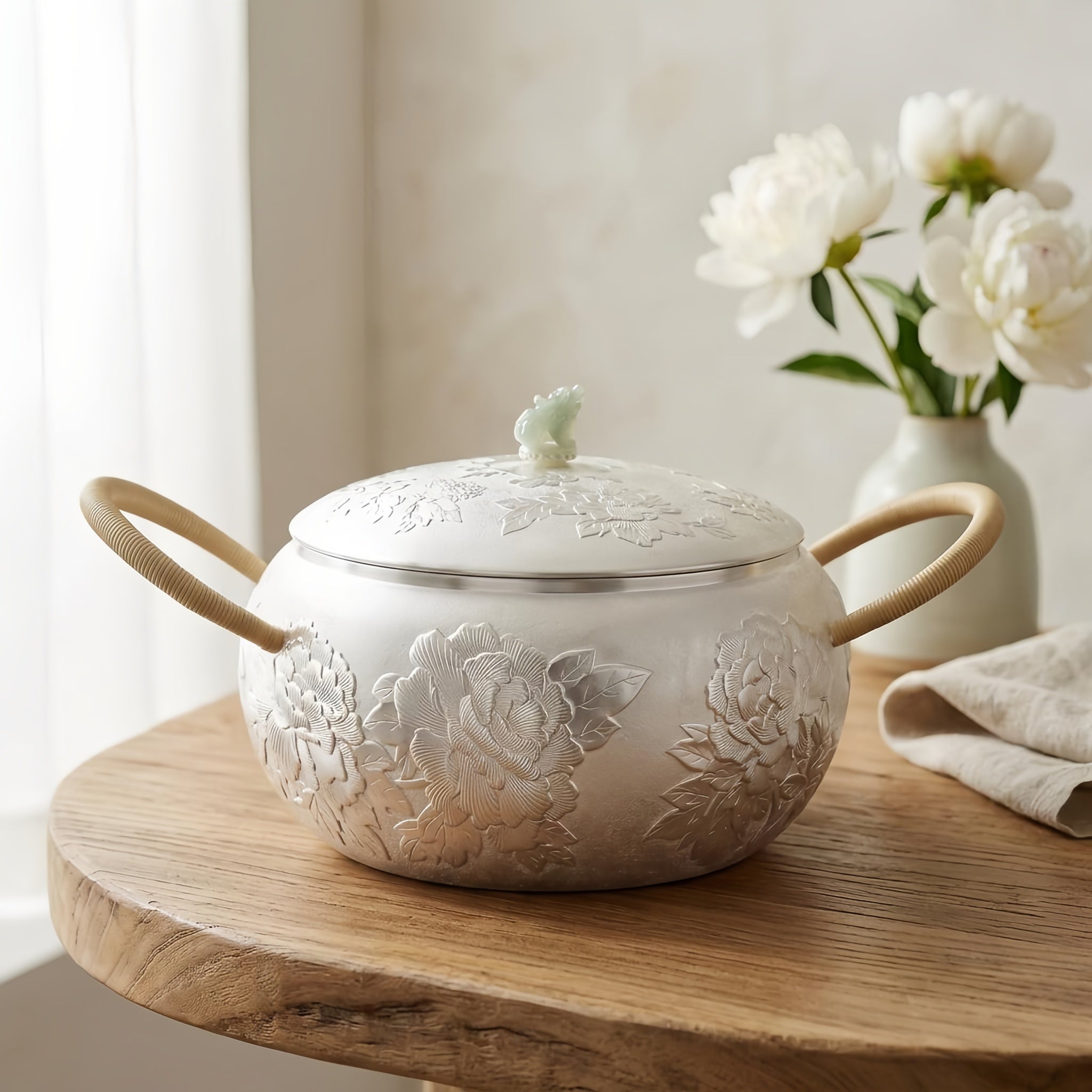 Pure 999 Fine Silver Exquisite Hand-Carved Silver Floral Serving Pot with Natural Fiber Wrapped Handles - Handicraft