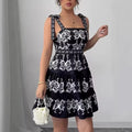 New Stylish Retro Minimalist Burnt-Flower Lace-Up Strap Black Short Dress