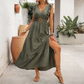 Elegant Waist-Cinched Deep V-Neck Dress For Women