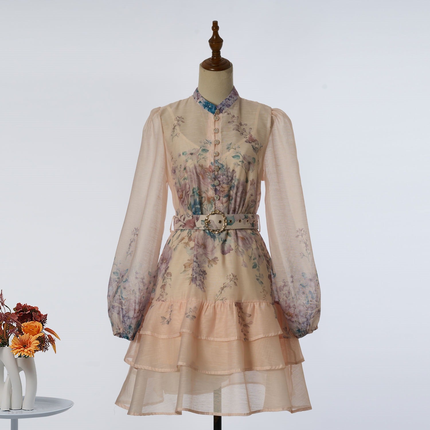 Resort-style Printed Slim-fit Multi-layer Ruffle Hem Mini Dress