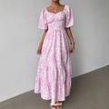 Elegant Printed Long Dress With A Square Neckline And Puffed Sleeves