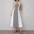 Womens Shirts Collar Defined Waistline Striped Long Swing Dress