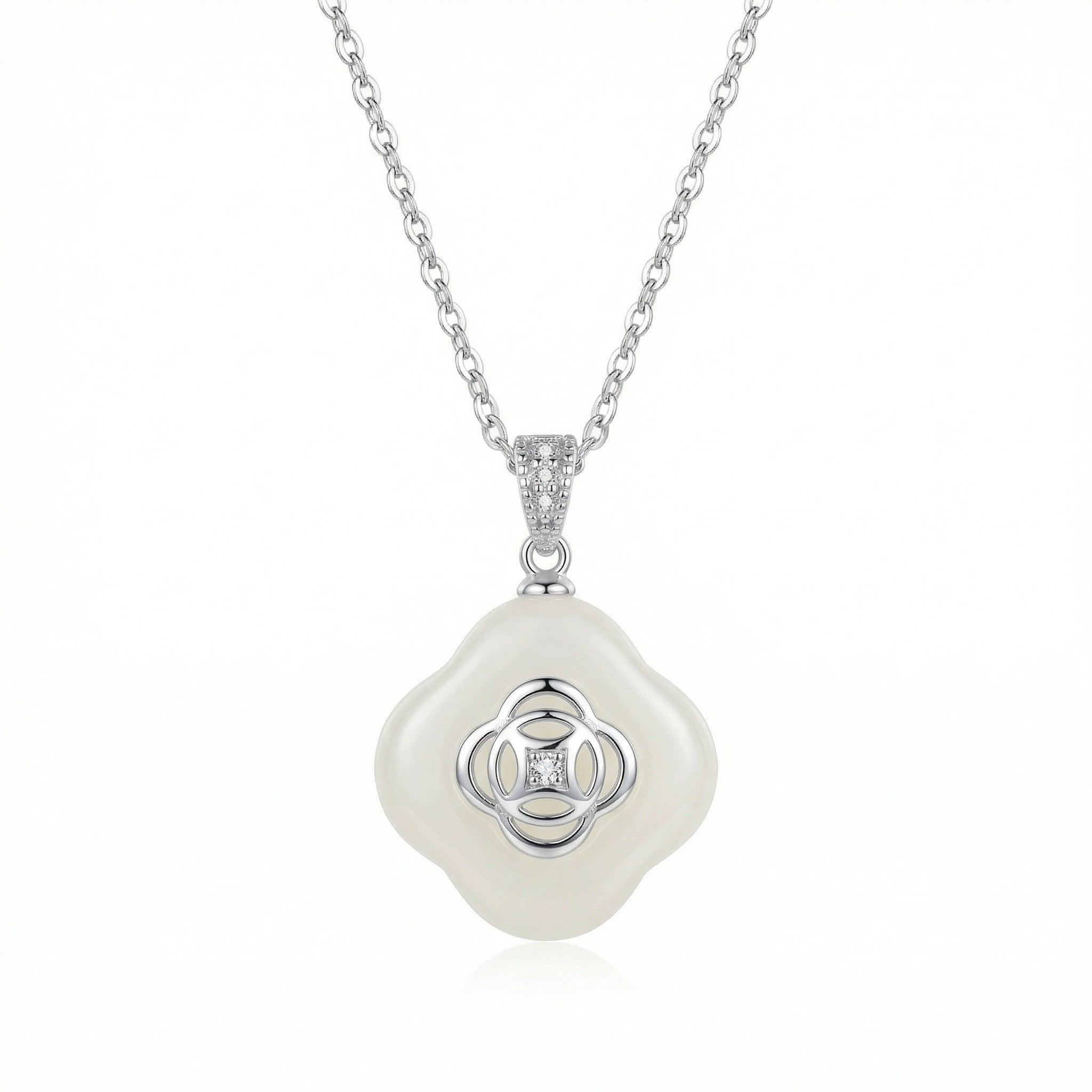 925 Sterling Silver Elegant White Jade Clover Pendant Necklace with Sparkling Accents