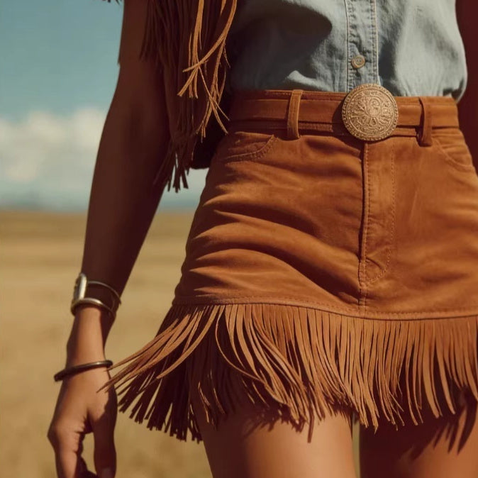 Western Retro Bohemian Style Caramel-Colored Faux Suede Fringe Skirt
