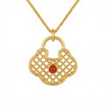 925 Sterling Silver Artistic Lattice Longevity Lock Pendant Featuring a Radiant Crimson Gemstone Center