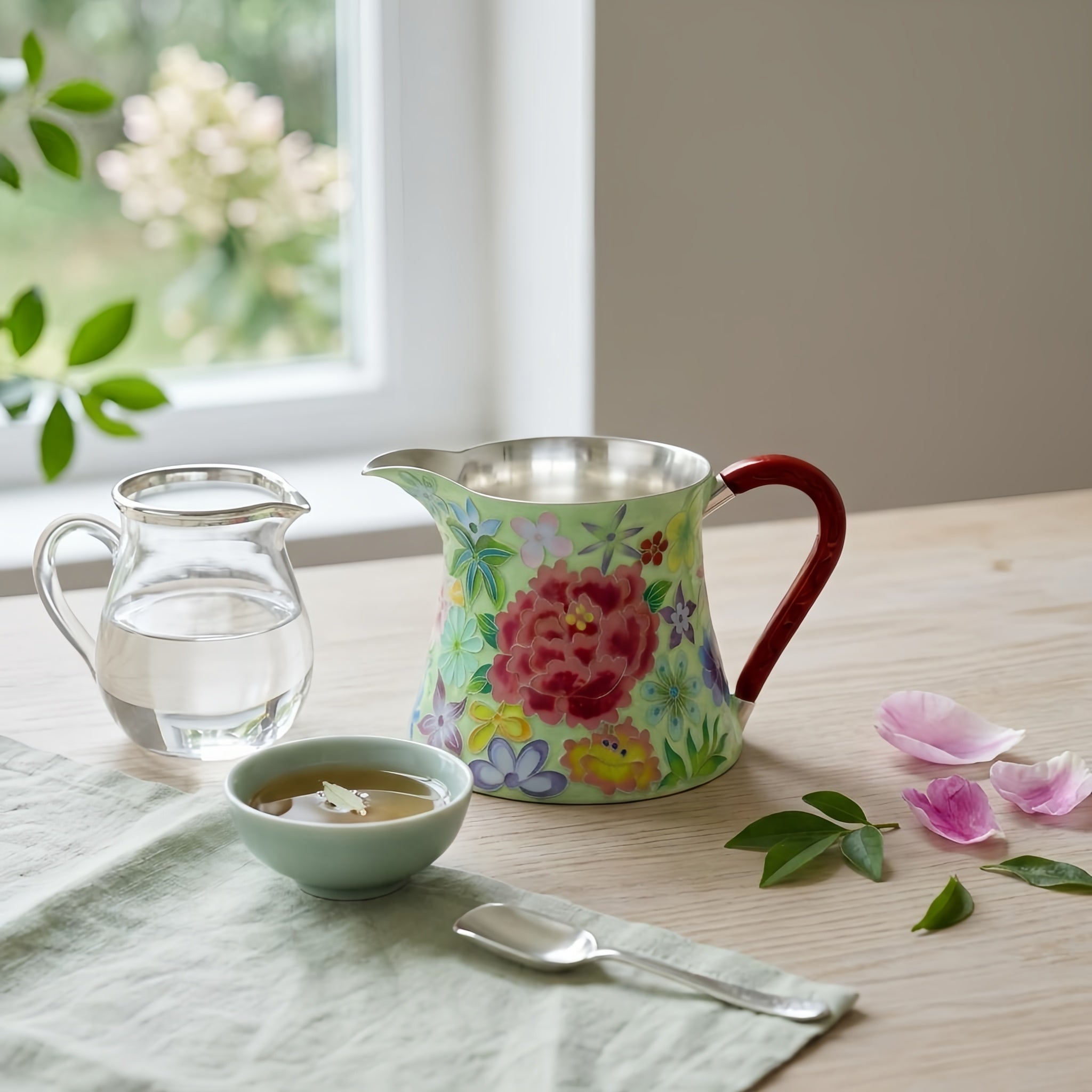 Pure 999 Fine Silver Elegant Hand-Painted Enamel Floral Pitcher with Red Sculpted Handle - Handicraft