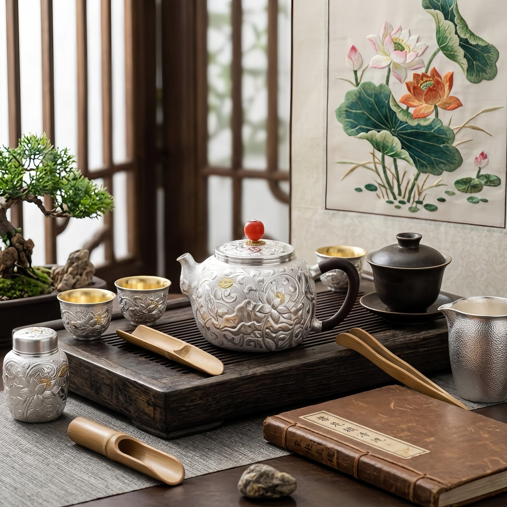 Pure 999 Fine Silver Handcrafted Silver Teapot Featuring Intricate Lotus Engravings and a Crimson Finial - Handicraft