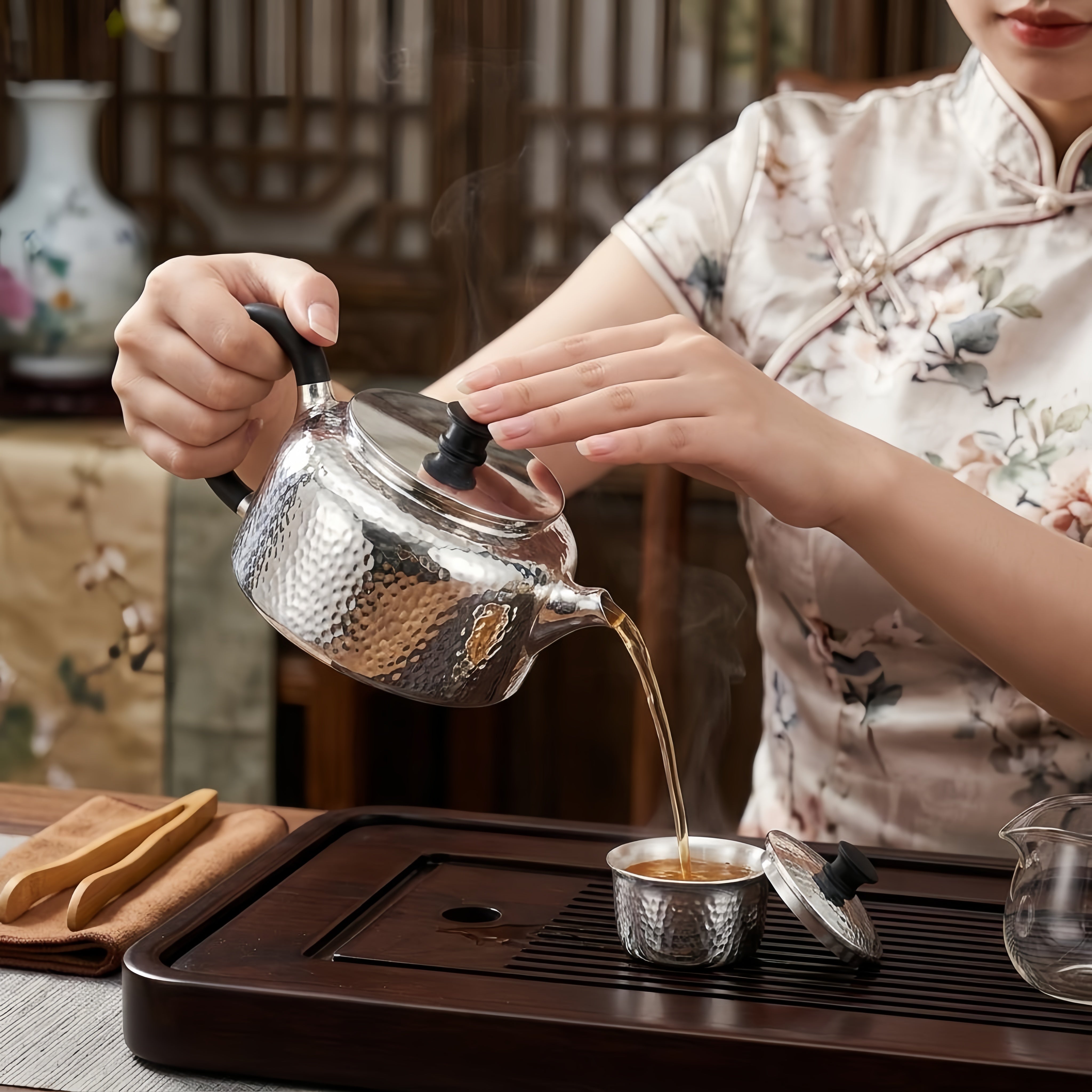 Pure 999 Fine Silver Stainless Steel Teapot with Hammered Texture and Black Accents: Modern Elegance for Tea Enthusiasts-exquisite handmade teapot - Handicraft