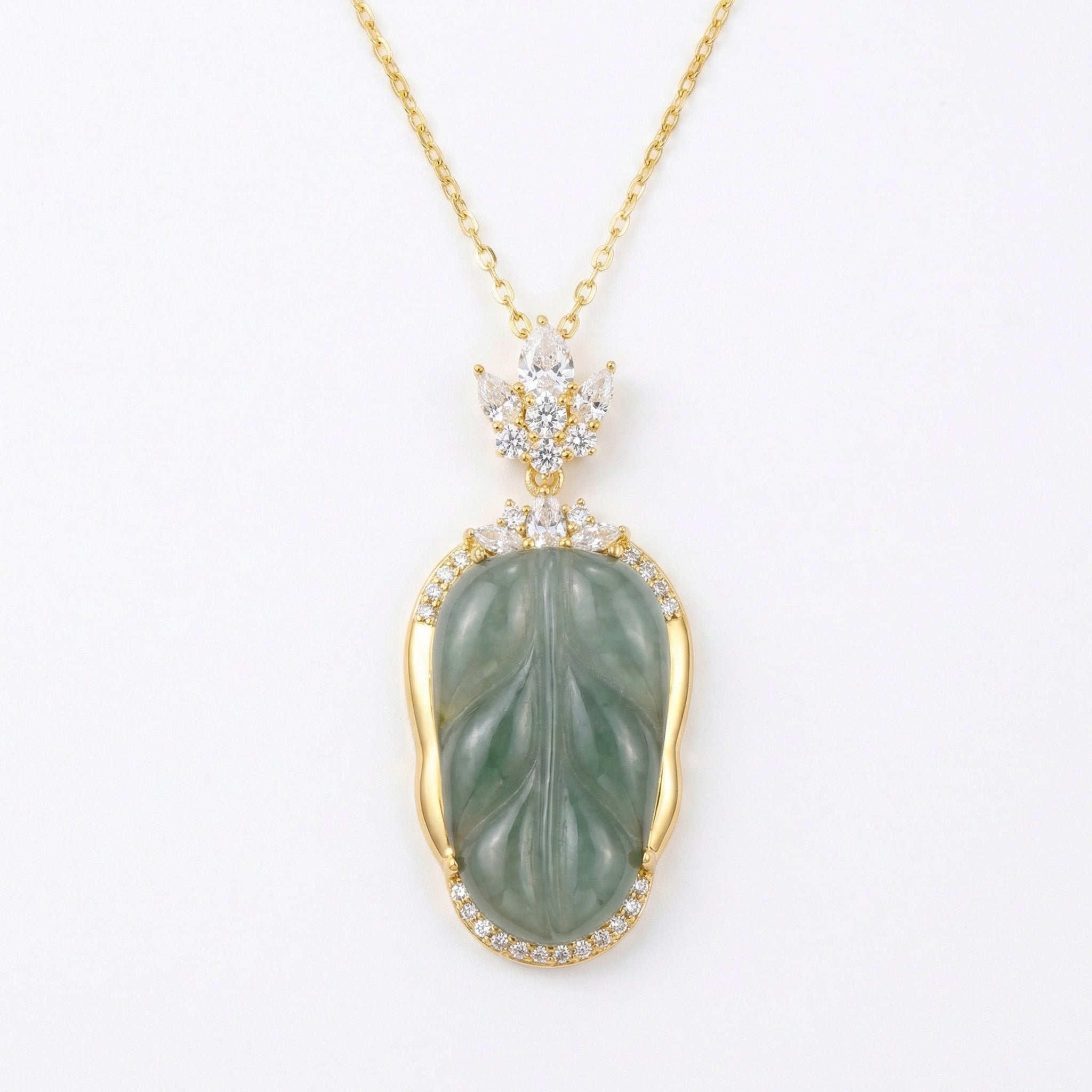 925 Sterling Silver Elegant Leaf-Shaped Green Jadeite Pendant Necklace with Sparkling Gemstone Accents