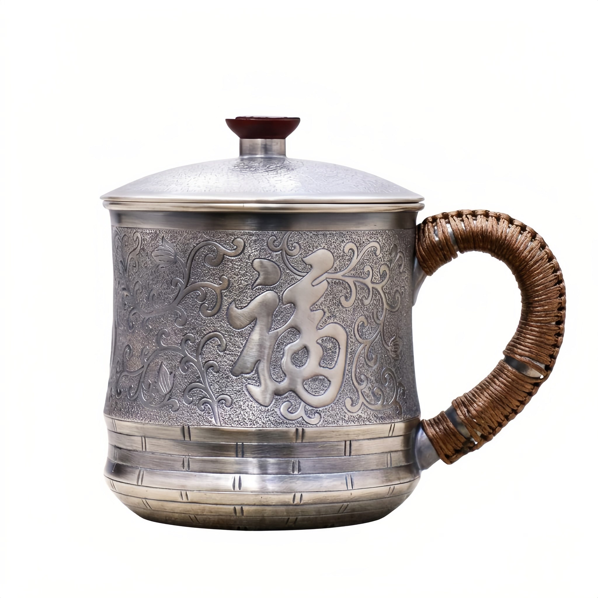 Pure 999 Fine Silver Antique Style Silver-Tone Tea Mug with Embossed Fu Symbol and Braided Rattan Handle - Handicraft