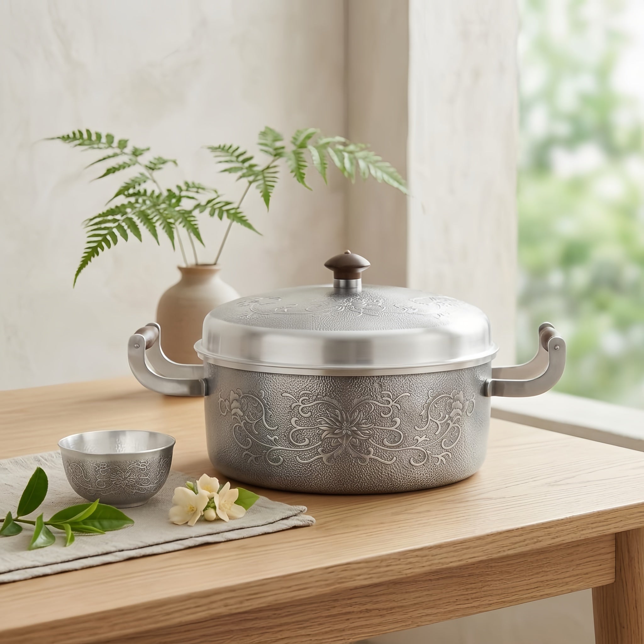 Pure 999 Fine Silver Elegant Floral Engraved Silver Casserole Pot with Wooden Handle Accents - Handicraft