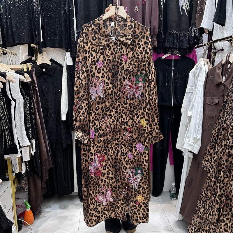 Leopard-print Lace-up Waist-defined Loose Long-sleeve Dress