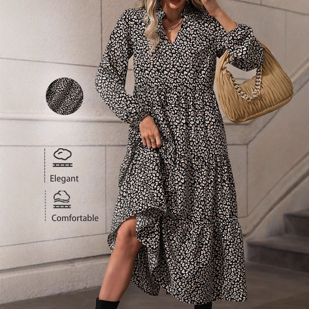 Womens Leopard-Print Elegant V-Neck Resort-Style Dress