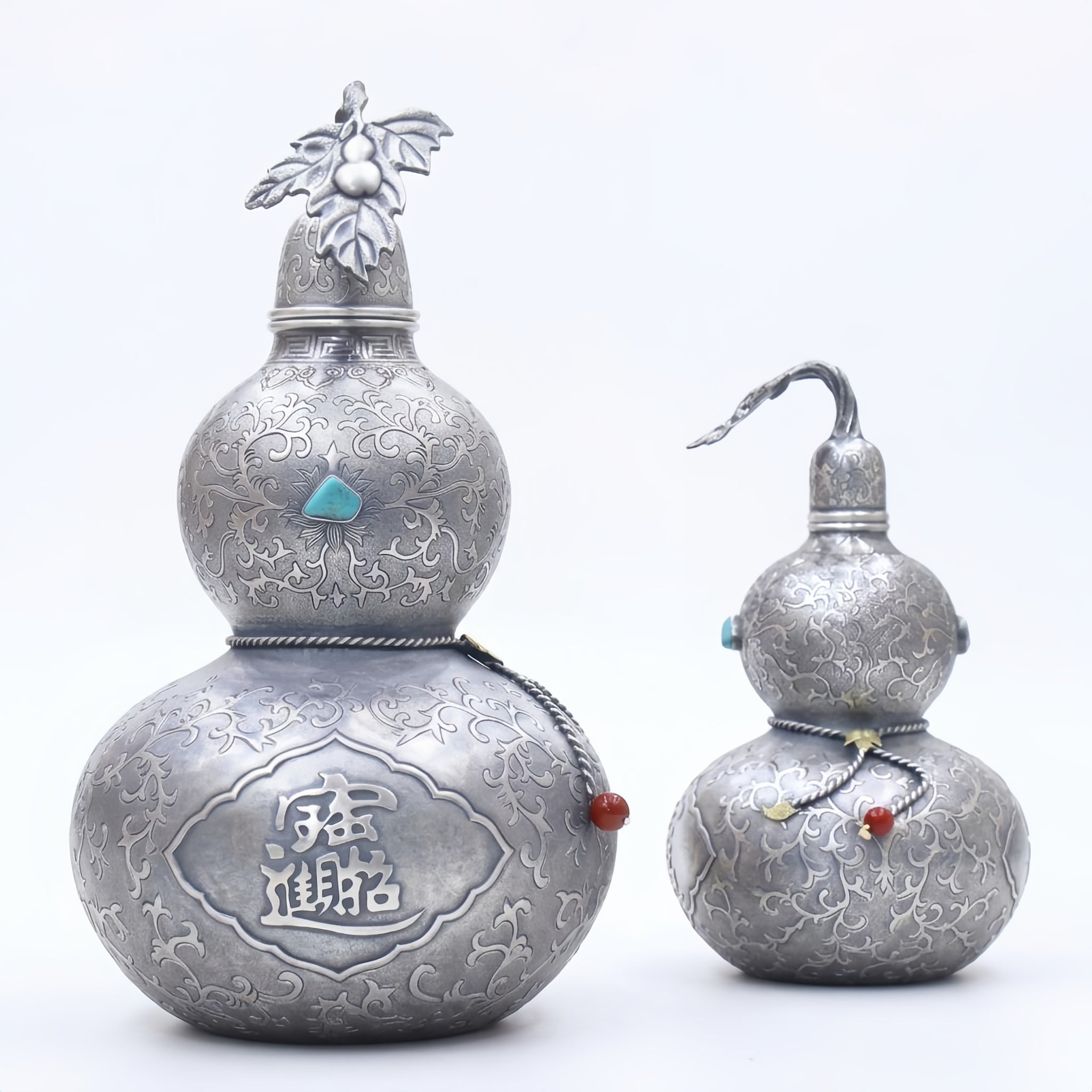 Pure 999 Fine Silver Ornate Silver-Tone Gourd Containers with Turquoise and Traditional Chinese Prosperity Engravings - Handicraft