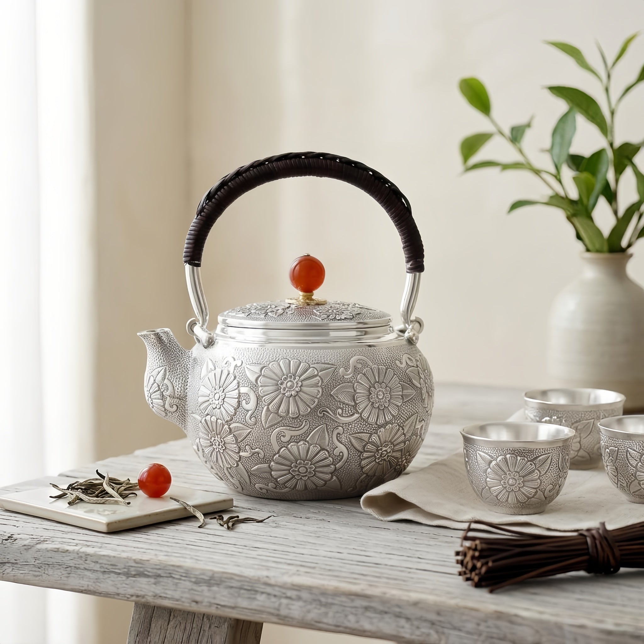 Pure 999 Fine Silver Handcrafted Silver Floral Teapot with Woven Handle and Red Gemstone Accents - Handicraft
