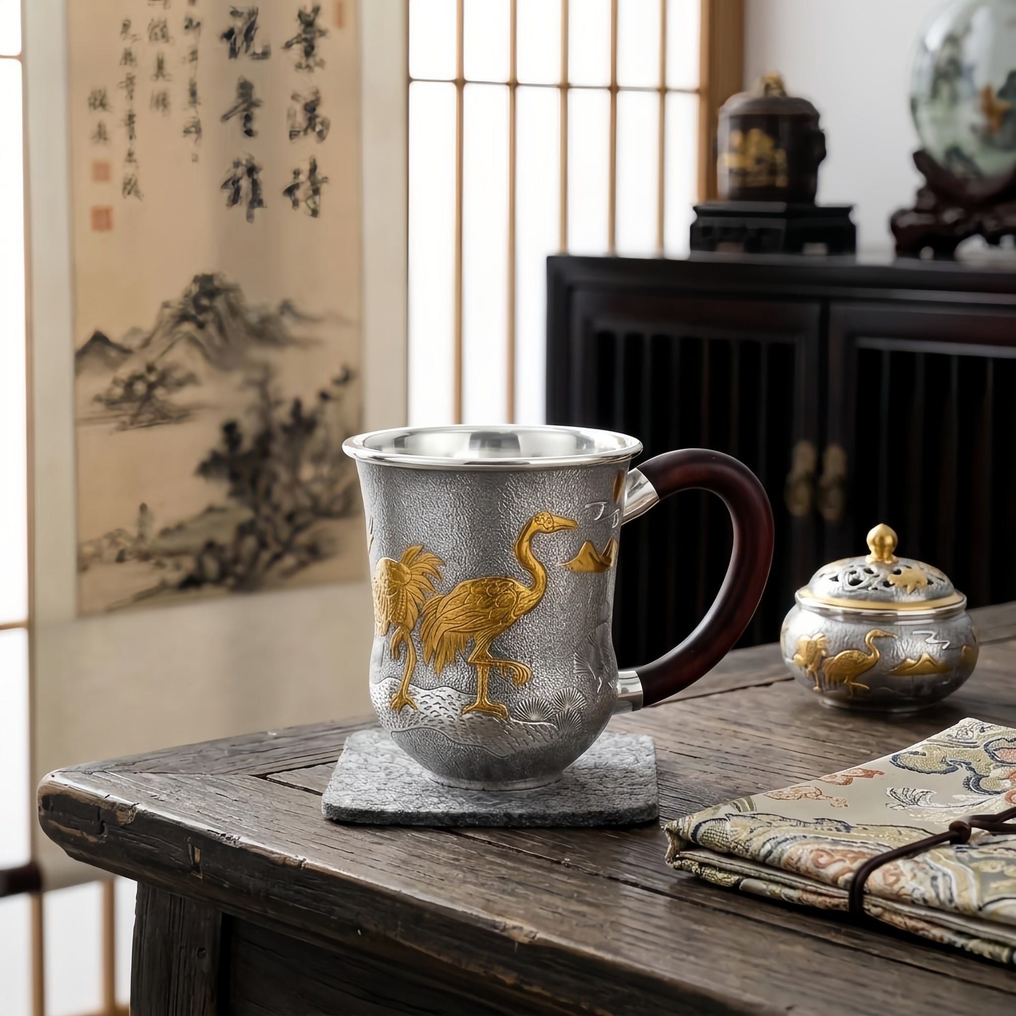 Pure 999 Fine Silver Exquisite Sterling Silver Cup with Crane Relief and Dark Wood Handle - Handicraft
