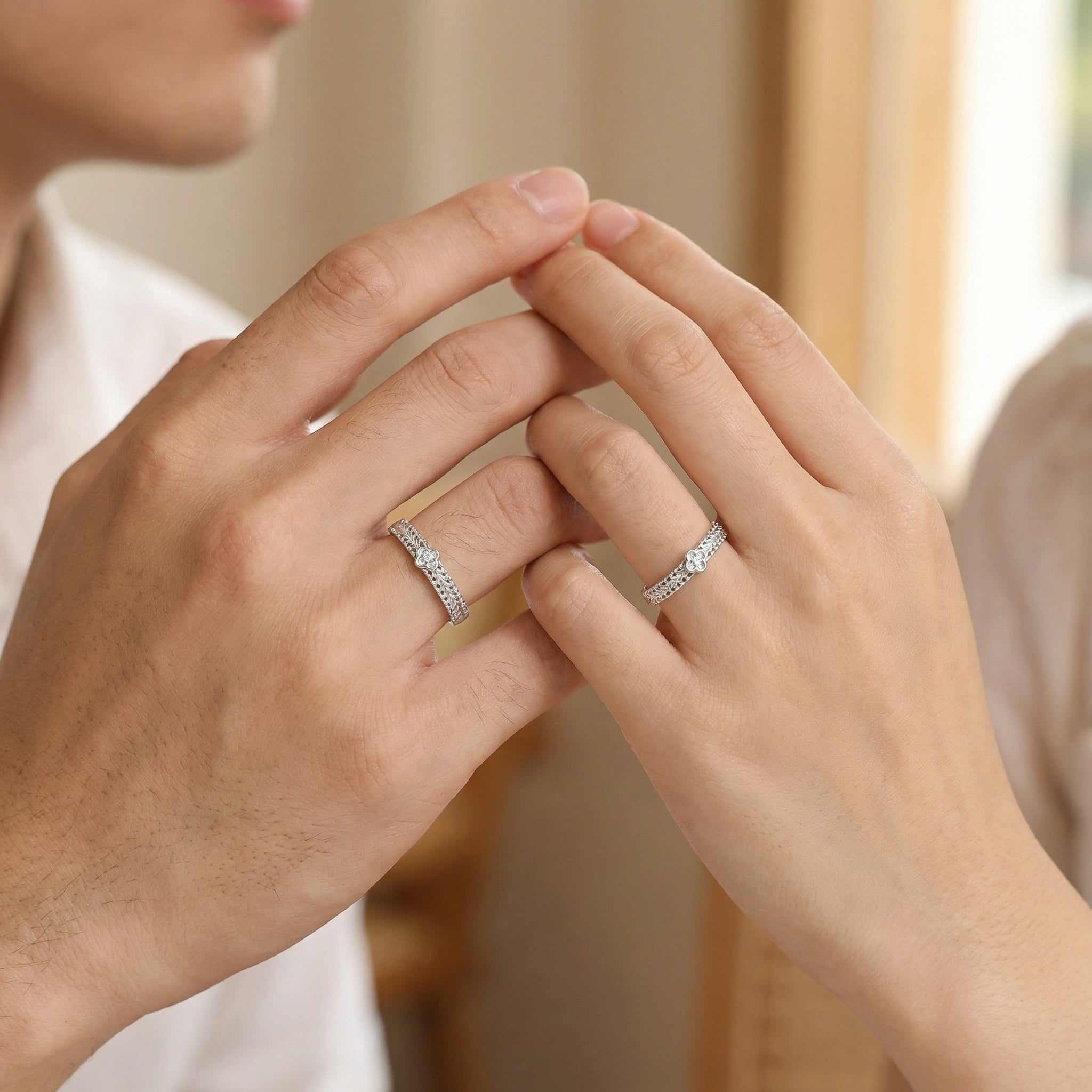 925 Sterling Silver Elegant Adjustable Silver Couple Rings with Braided Texture and Clover Charms