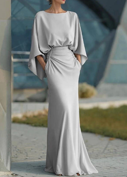 Elegant Backless Ruched Long Dress, Women Slim Fit Formal Maxi Dress