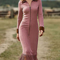 Western Cowboy Style Suede Tassel Slim Long Sleeve Dress
