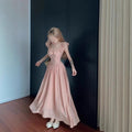 French-style Cap-sleeve Long Beach Dress For Vacation