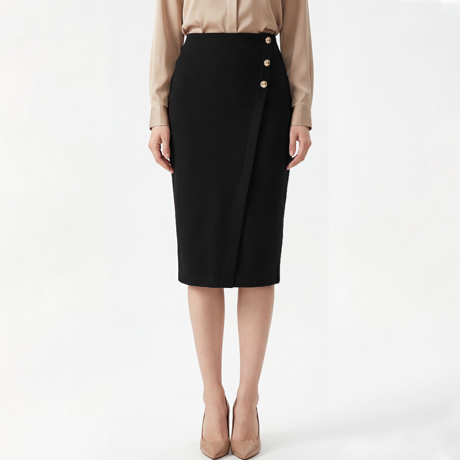 High-waisted Figure-flattering Sheath-style Straight Midi Skirt With A Slit Womens