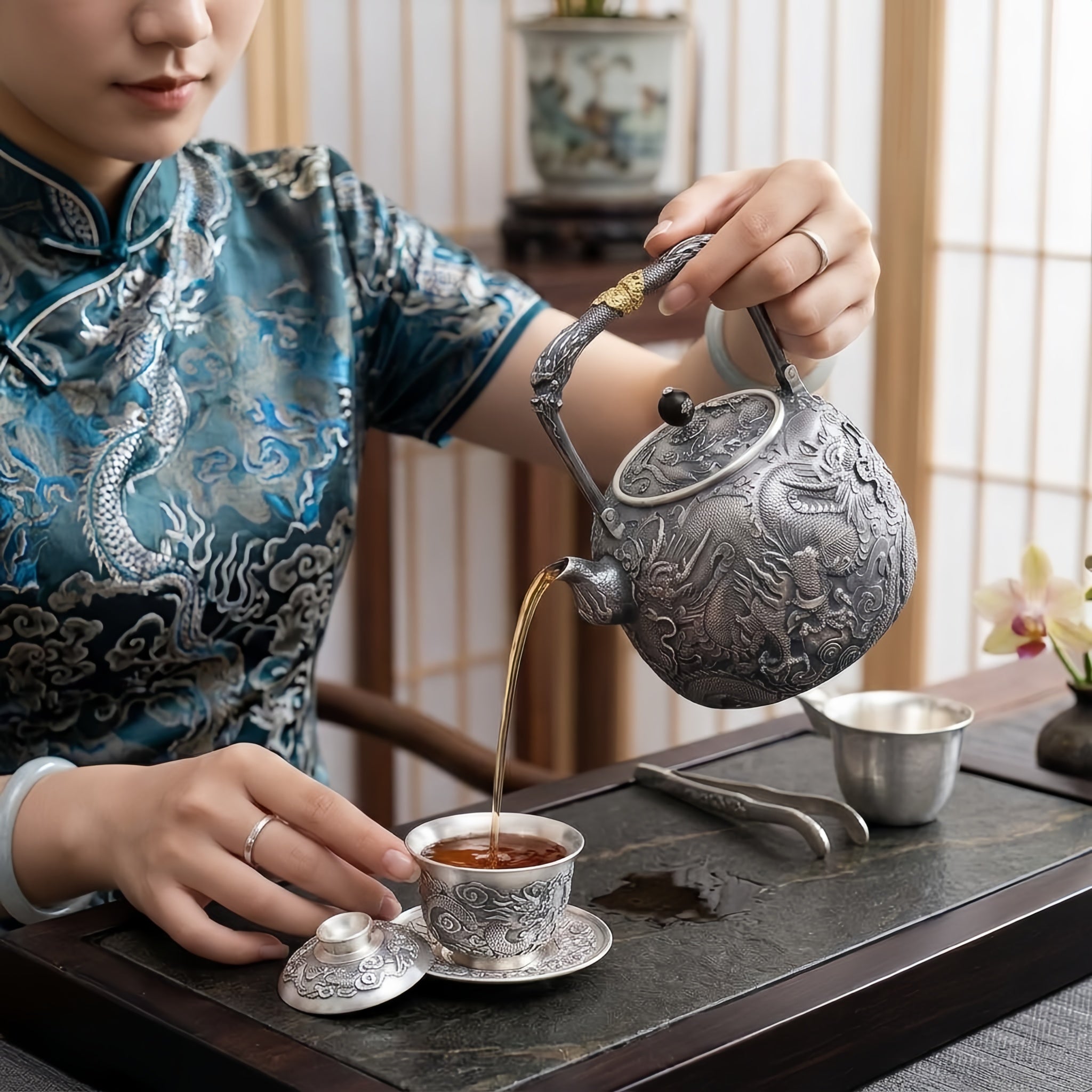 Pure 999 Fine Silver Majestic Hand-Crafted Silver Dragon Teapot with Exquisite Relief Artistry - Handicraft