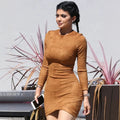Suede-look Crew-neck Long-sleeve Sexy Slim-fit Sheath Mini Dress