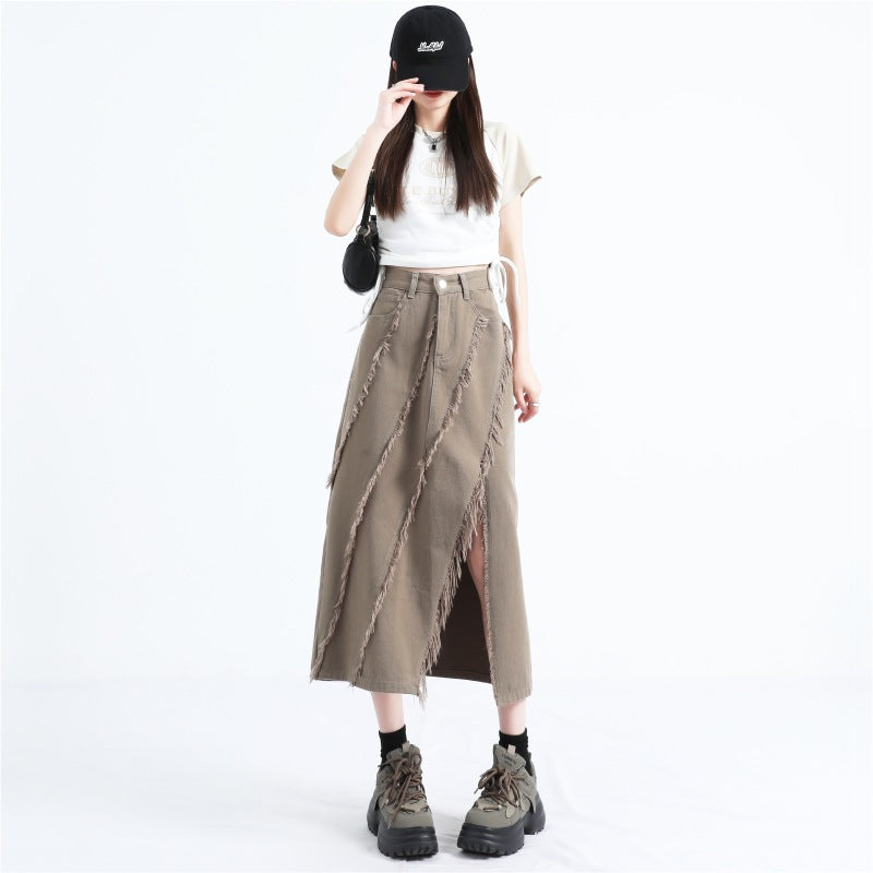 Khaki High-Waisted Raw-Hem Slit Denim Skirt Womens Summer