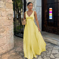 Fitted-waist Pleated Strap V-neck Solid-color Fashionable Dress
