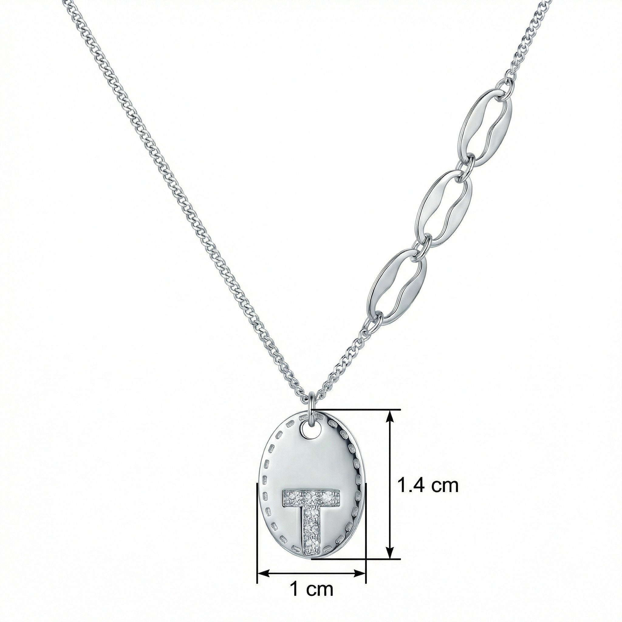 925 Sterling Silver Elegant Silver Oval "T" Initial Pendant Necklace with Asymmetrical Geometric Chain Links