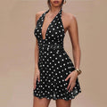 Womens Polka-Dot Ruffled Backless Halterneck Mini Dress