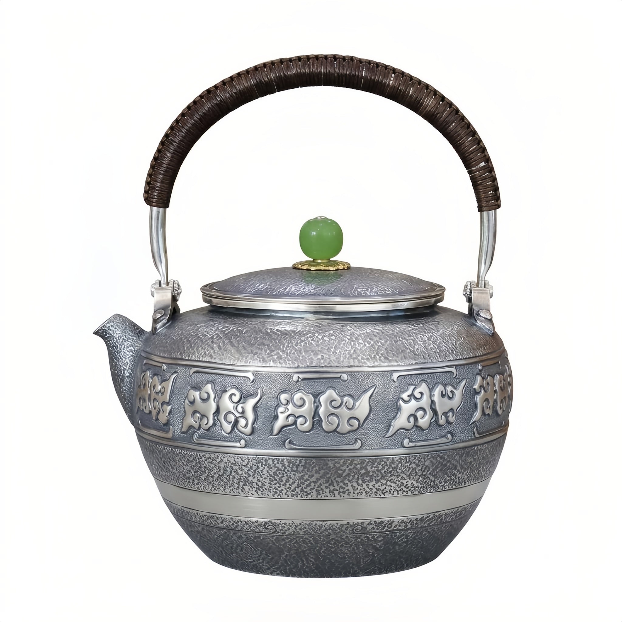 Pure 999 Fine Silver Antique  Teapot with Jade Knob and Intricate Carvings-Fine large teapot - Handicraft