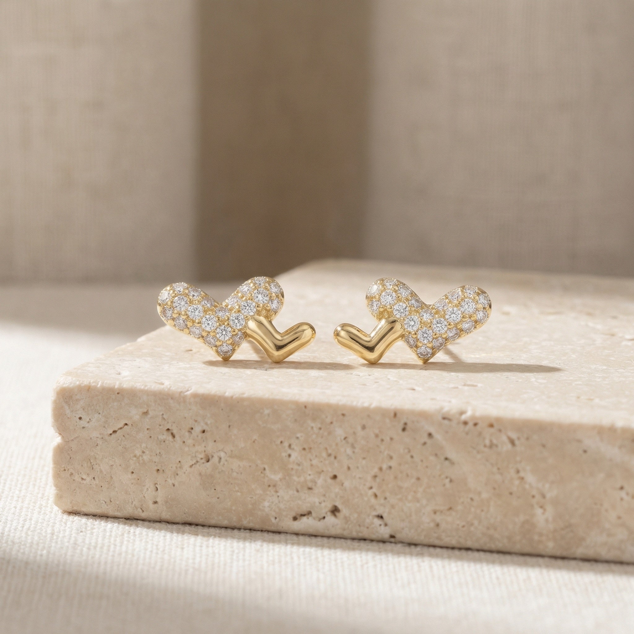 925 Sterling Silver Sparkling Pavé and Polished Heart-to-Heart Duo Stud Earrings