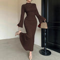 Figure-flattering, Elegant All-match Flared-sleeve Mock-neck Sheath Maxi Dress