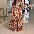 Stylish Elegant Printed V-Neck Flared Maxi Dress