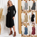 Womens Solid-Color Casual Long-Sleeve Dress