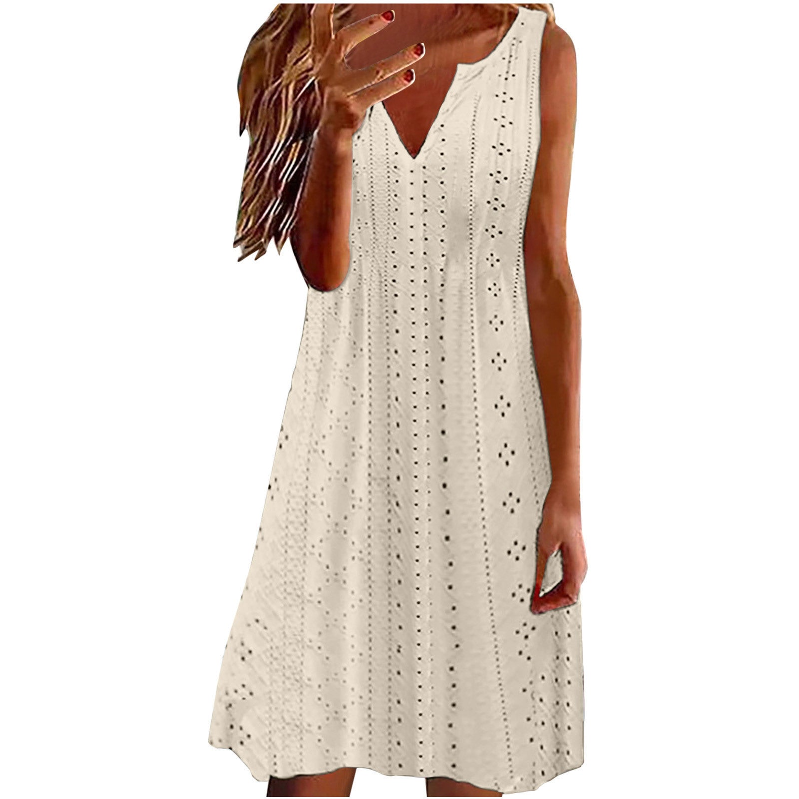 Womens Hollow-Out Jacquard V-Neck Loose Solid-Colored Dress