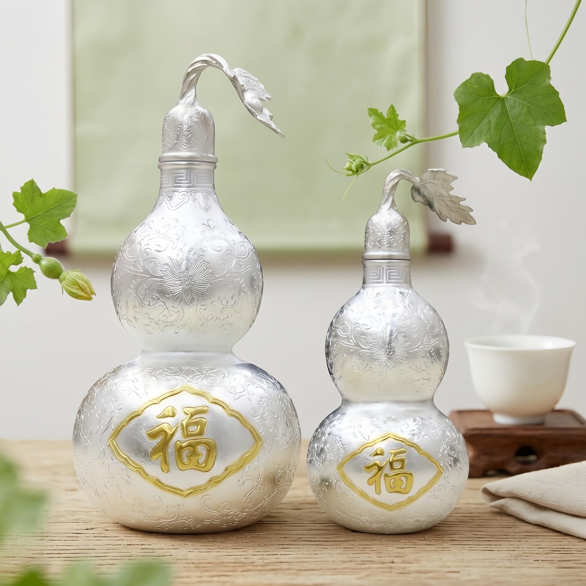 Pure 999 Fine Silver Elegant Silver Gourd Pair Featuring Auspicious Prosperity Symbols - Handicraft
