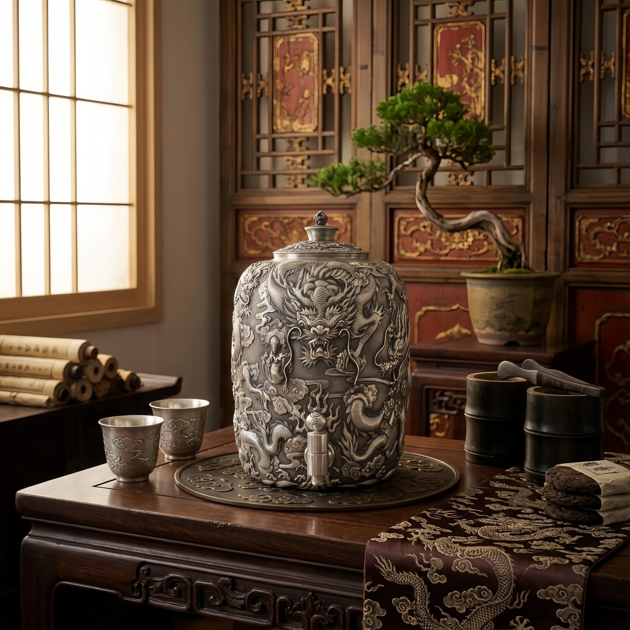 Pure 999 Fine Silver Ornate Silver Dragon-Carved Beverage Dispenser with Intricate Oriental Relief Art - Handicraft