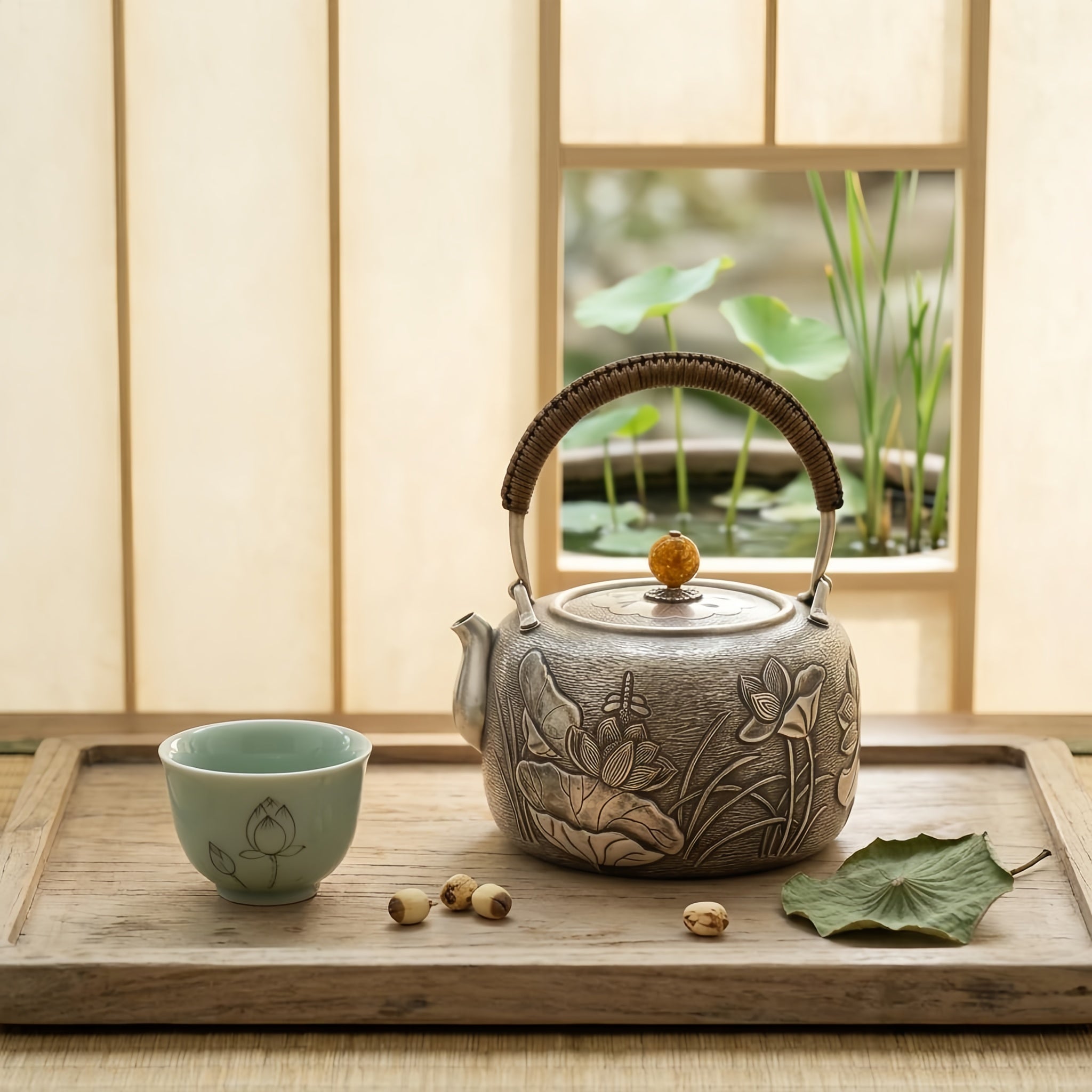 Pure 999 Fine Silver Handcrafted Silver Teapot with Intricate Lotus Relief and Woven Rattan Handle - Handicraft