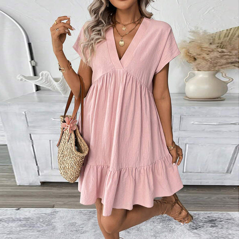 Summer Vacation Style V-Neck Solid Color Loose Skirt